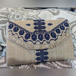 Stella & Dot City Slim Clutch - Embroidered Indigo